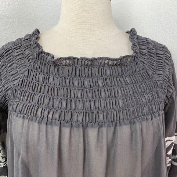 Twelve By Twelve Gray Sheer Embroidered Blouse XS Boho Fairy Whimsy Goth Peasant - Picture 2 of 10